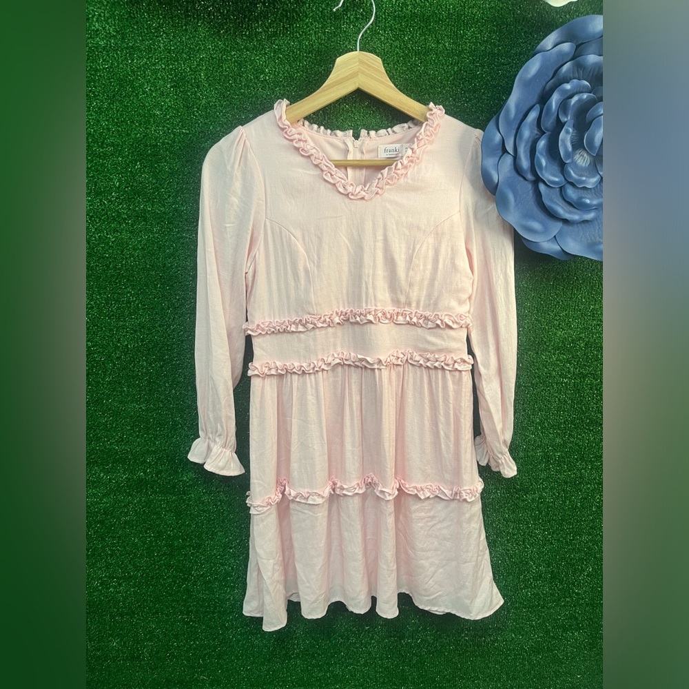 Franki Pink Ruffle Long Sleeve Dress Size 12 Brand New